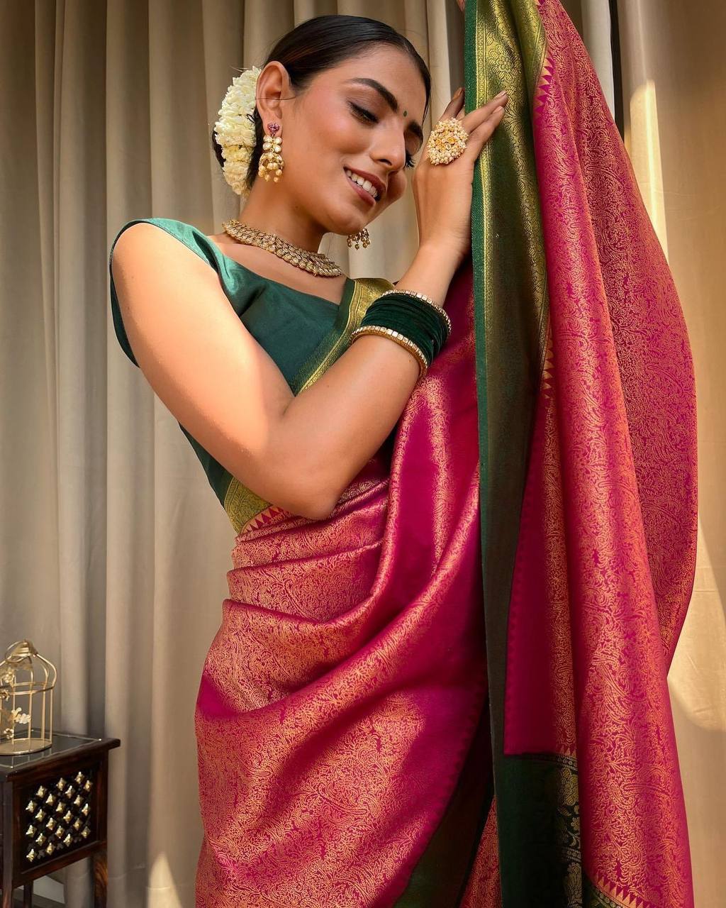 Best Indian Soft Silk Saree  Graceful Pink and Green Border Pure