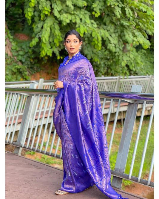 Blue Pure Soft Silk Saree With Matching Blouse