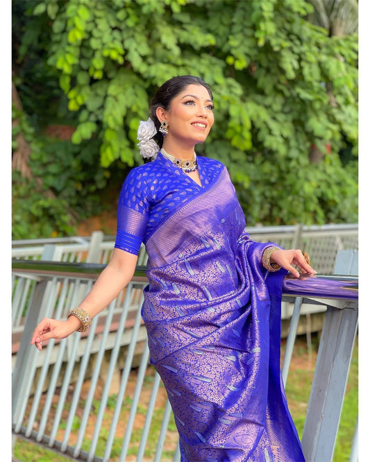 Blue Pure Soft Silk Saree With Matching Blouse