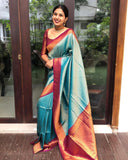 Adorable Rama Pure Soft Silk Saree with Twirling Blouse Piece