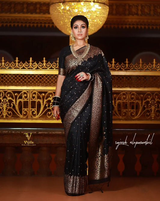 Attractive Black Pure Soft Silk Saree with Copper Zari Blouse Piece