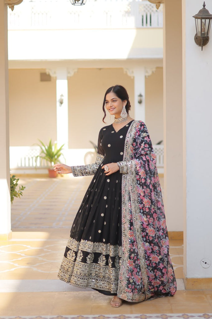 Black Designer Faux Georgette Gown with Embroidered Zari Sequins and Silk Dupatta