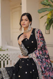 Black Designer Faux Georgette Gown with Embroidered Zari Sequins and Silk Dupatta