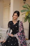 Black Designer Faux Georgette Gown with Embroidered Zari Sequins and Silk Dupatta