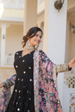 Black Designer Faux Georgette Gown with Embroidered Zari Sequins and Silk Dupatta