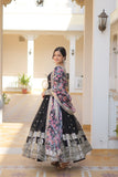 Black Designer Faux Georgette Gown with Embroidered Zari Sequins and Silk Dupatta