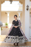 Black Designer Faux Georgette Gown with Embroidered Zari Sequins and Silk Dupatta