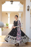 Black Designer Faux Georgette Gown with Embroidered Zari Sequins and Silk Dupatta