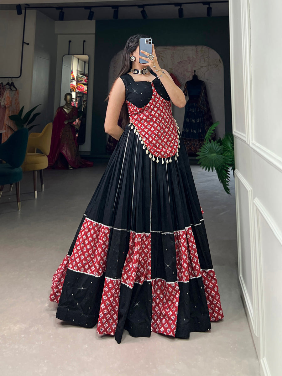 Black Printed With Paper Mirror Hand Work Cotton Navratri Lehenga Choli