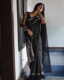 Black Pure Soft Semi-Silk Saree with Stylish Blouse Piece