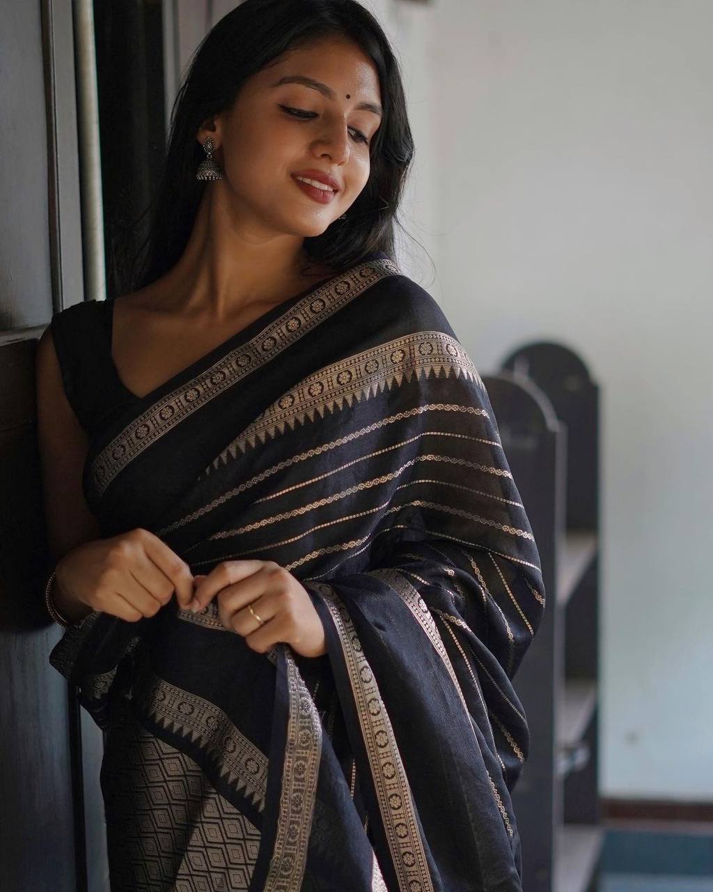 Soft Silk Saree In Black Saree With Foil Work And Heavy Banarasi Border -  Spegrow Mart