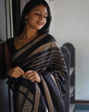 Black Pure Soft Semi-Silk Saree with Stylish Blouse Piece