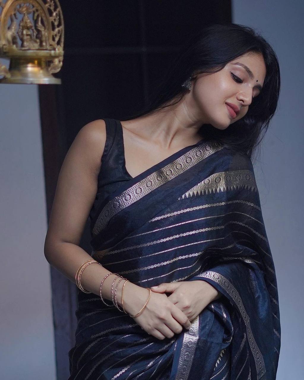 Black Pure Soft Semi-Silk Saree with Stylish Blouse Piece