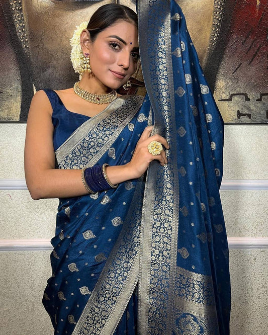 Blue Stunning Pure Soft Silk Saree with Stylish Blouse Piece