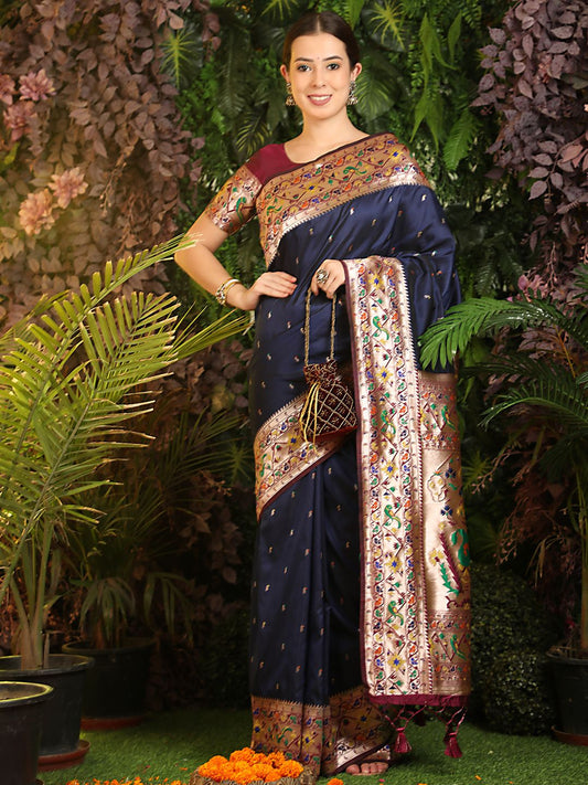 Blue Zari Woven Indian Paithani Silk Saree
