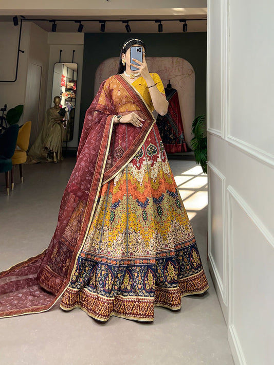 Brown Printed and Sequins Work Vaishali Silk Rajasthani Lehenga Choli