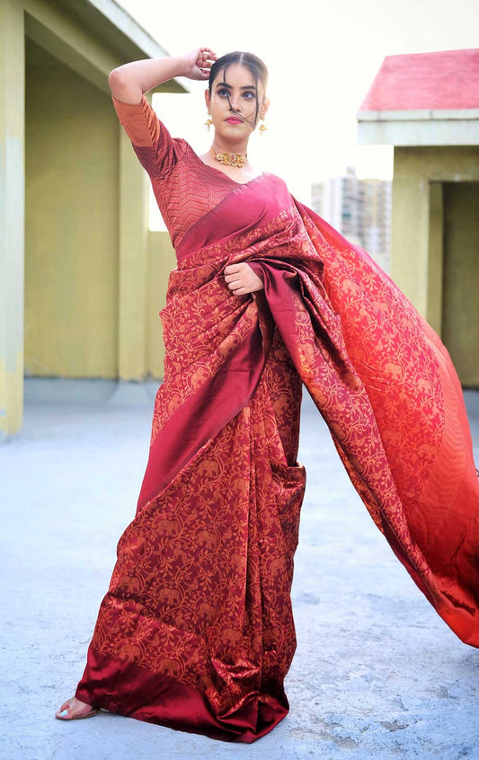 Captivating Maroon Pure Silk Saree with Complementing Blouse Piece