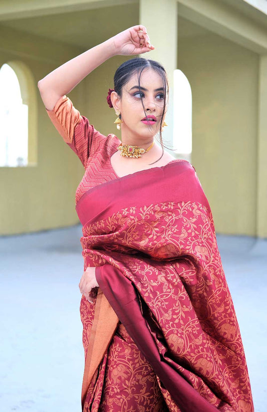 Captivating Maroon Pure Silk Saree with Complementing Blouse Piece