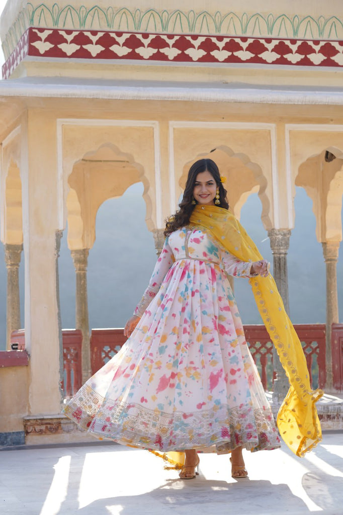 Captivating Off White Premium Printed Readymade Gown with Embroidered Dupatta