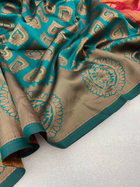 Captivating Rama Pure Soft Silk Saree with Exquisite Blouse