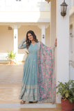 Adorble Premium Faux Georgette Gown with Embroidered Zari Sequins and Silk Dupatta