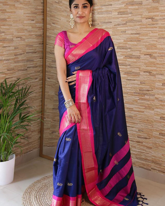 Enchanting Blue and Pink Pure Soft Silk Saree with Twirling Blouse