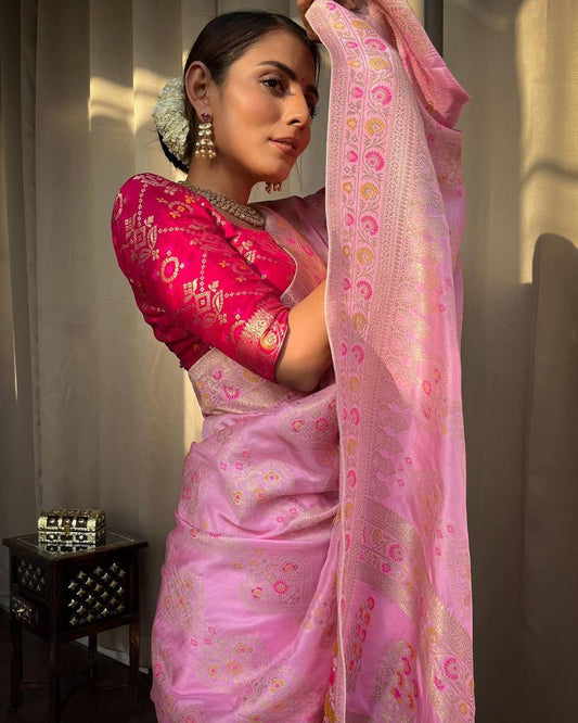 Enchanting Onion Pink Silk Saree Ensemble with Twirling Blouse Piece