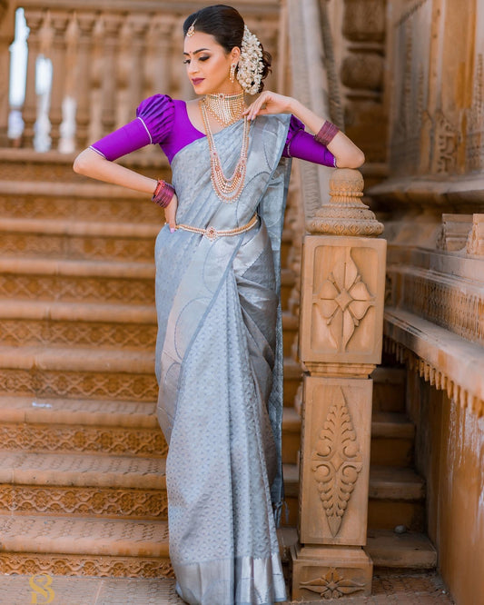 Graceful Grey Pure Soft Silk Saree with a Twirling Blouse Piece