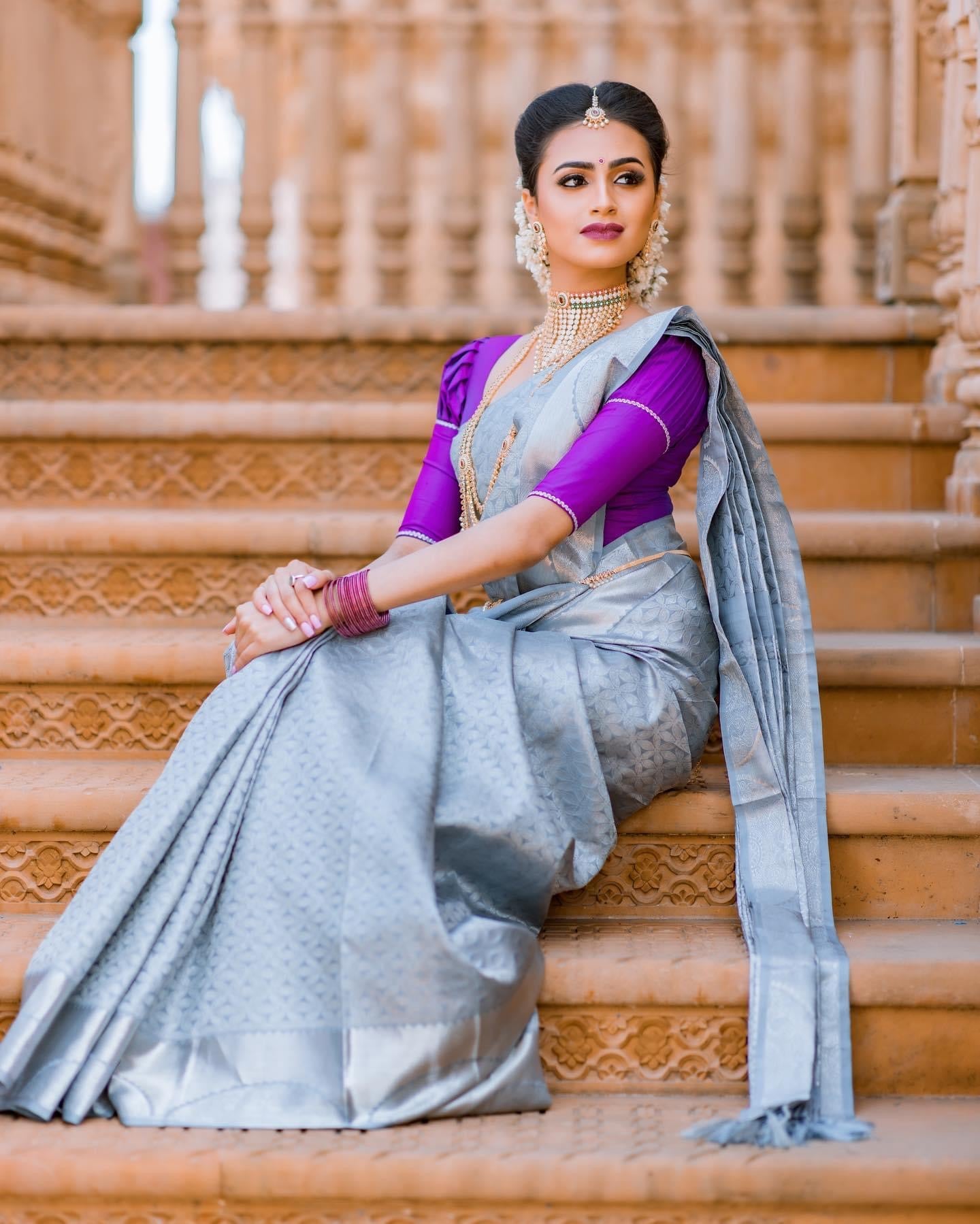 Light Grey Silk Saree With Raw Silk Blouse