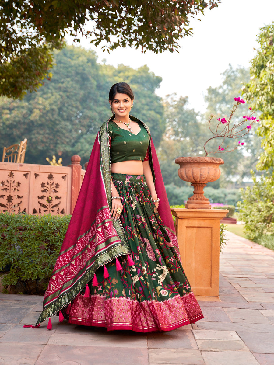 Designer Green Color Minakari With Foil Printed Tussar Silk Lehenga