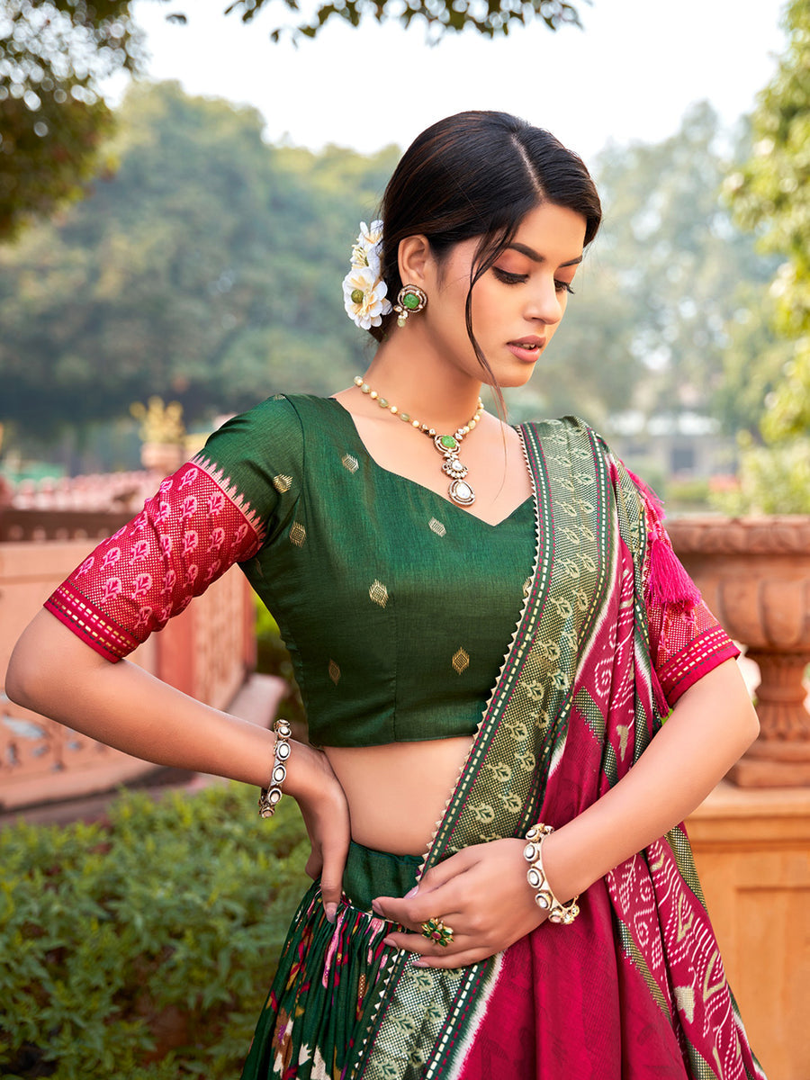 Designer Green Color Minakari With Foil Printed Tussar Silk Lehenga