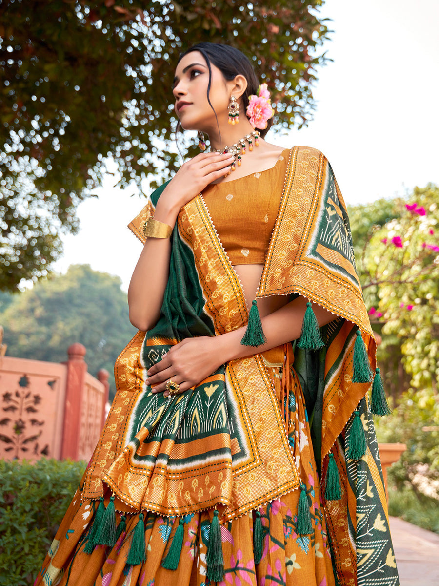 Mustard Minakari With Foil Printed Tussar Silk Lehenga Choli