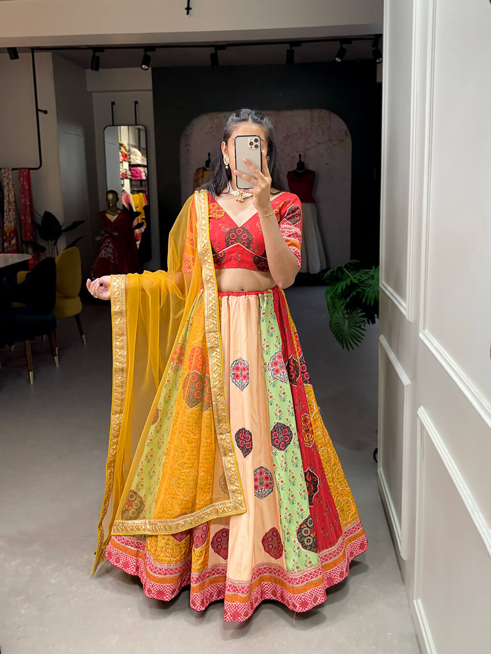 Multi Color Printed  gota patti and Mirror Work Vaishali Silk Lehenga Choli