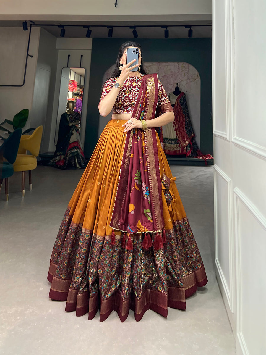 Trendy Mustard Print With Foil Work Tussar Silk Lehenga Choli