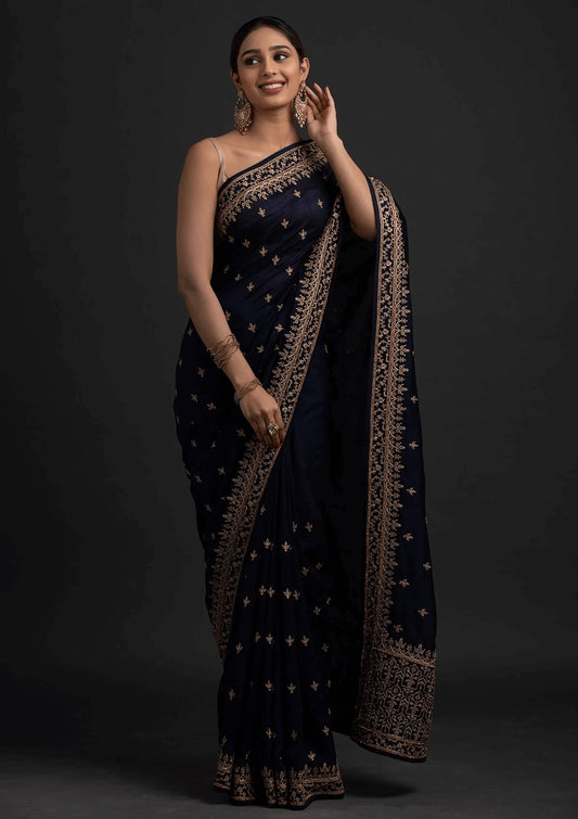 Navy Blue Vichitra Silk Base Sequins Saree With Blouse