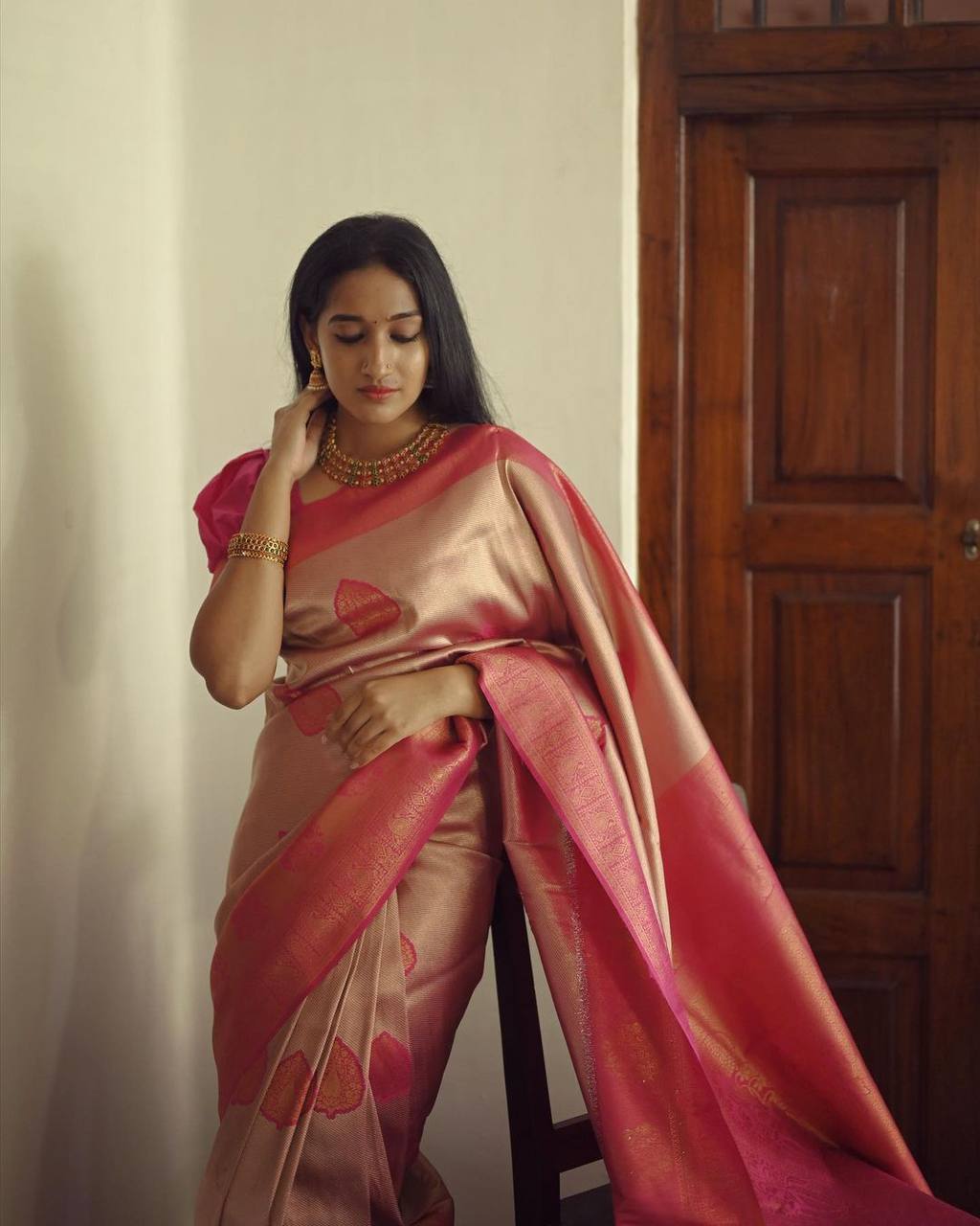 Peachy Dream Soft Semi-Silk Saree with Stylish Blouse Piece