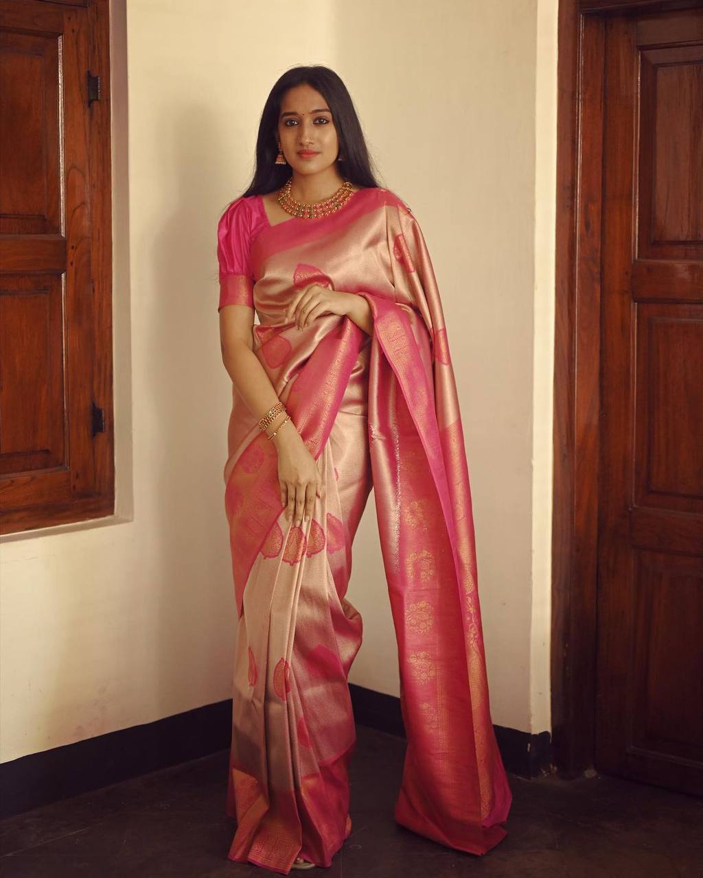 Peachy Dream Soft Semi-Silk Saree with Stylish Blouse Piece