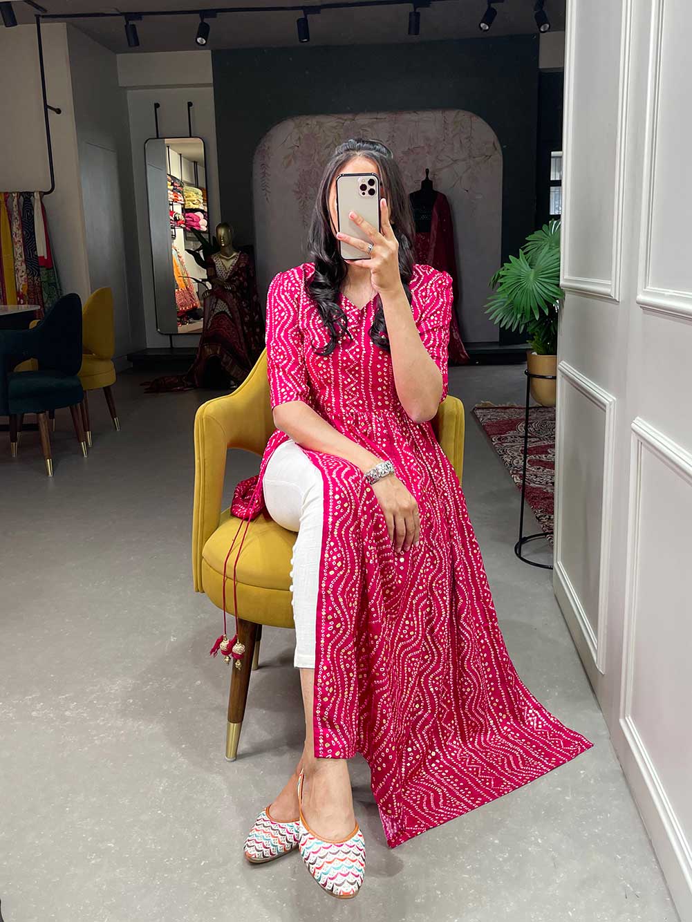 Pink Elegantly Ethnic Pure Cotton Naira Cut Bandhani Kurti