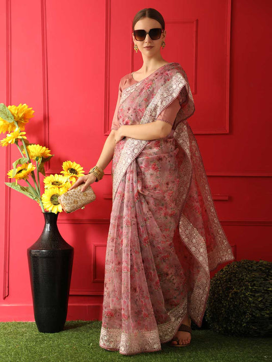 Pink Organza Silk Printed Indian Saree