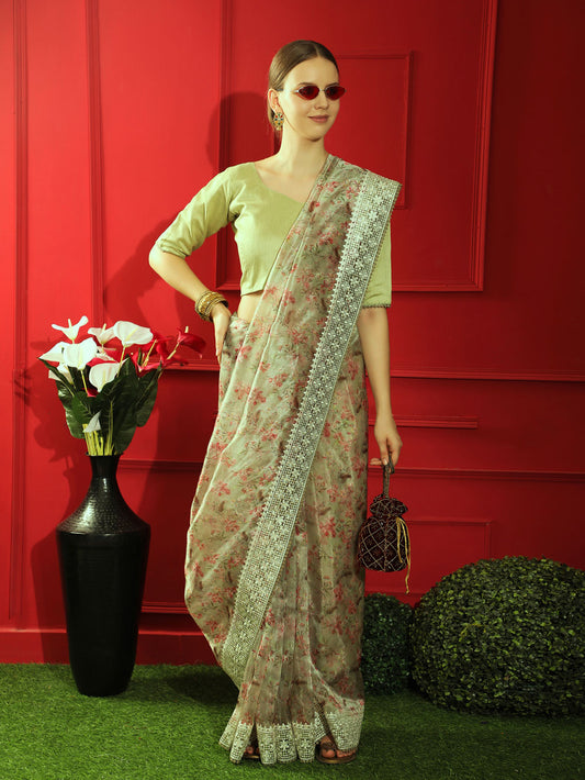 Pista Floral Printed Organza Soft Silk Saree