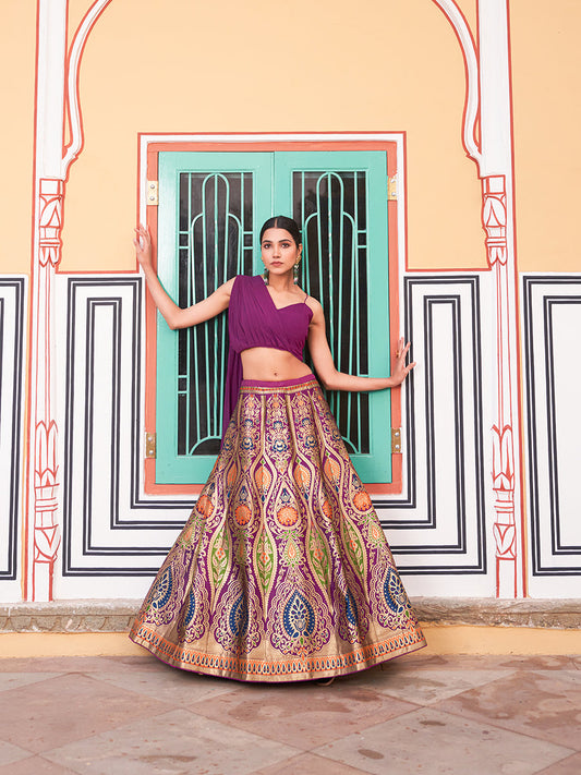 Wine Banarasi Silk Wedding Wear Lehenga Choli