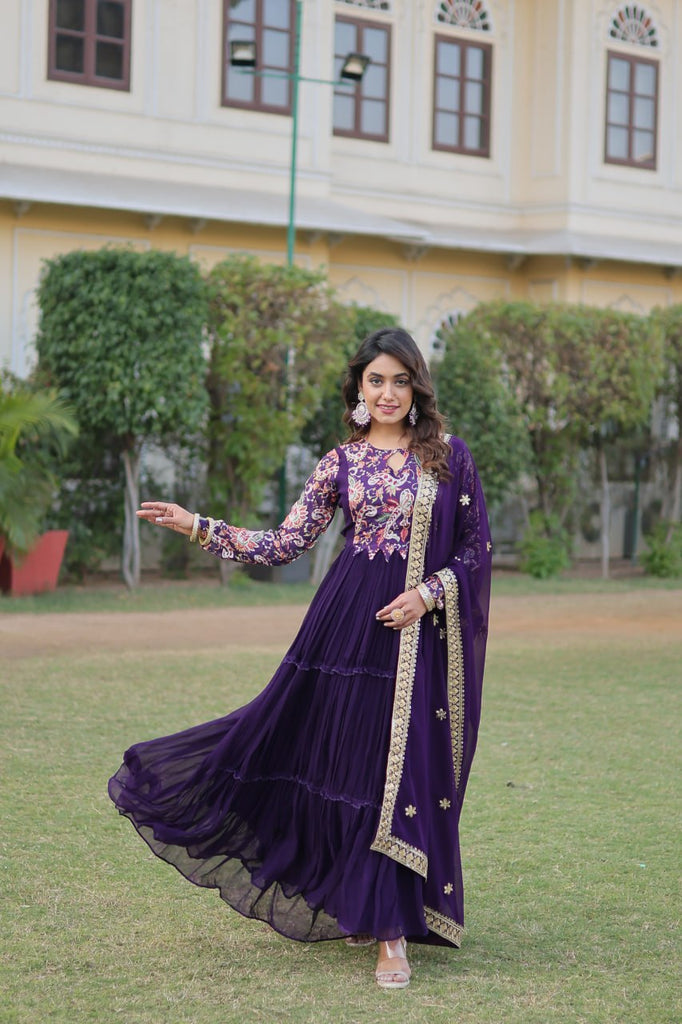 Party Wear Faux Georgette Embroidered Ready To Wear Gown In Purple