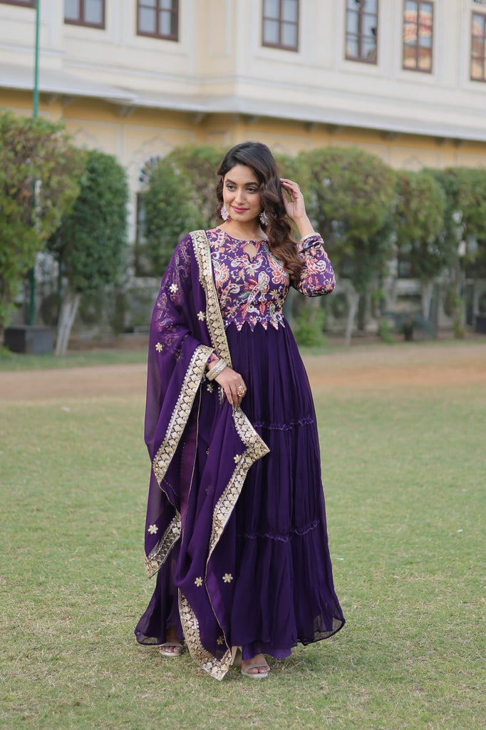 Party Wear Faux Georgette Embroidered Ready To Wear Gown In Purple