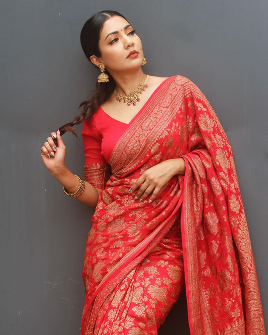 Red Pure Banarasi Silk Saree with Magnificent Blouse