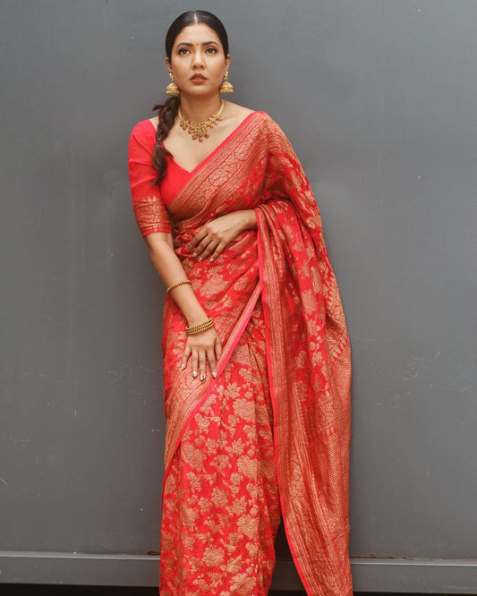 Red Pure Banarasi Silk Saree with Magnificent Blouse