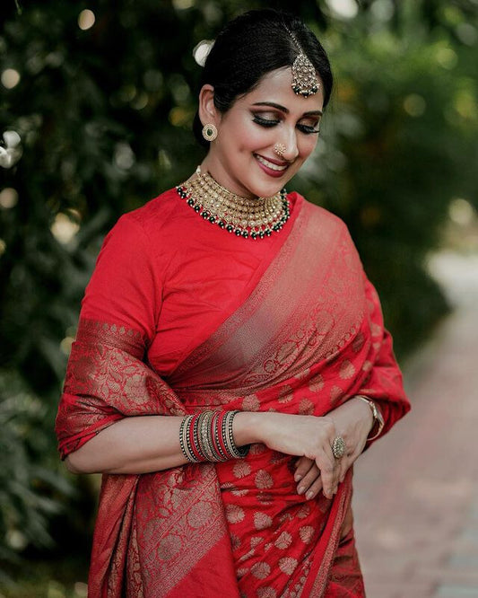 Stunning Red Pure Soft Silk Saree with Complementary Blouse