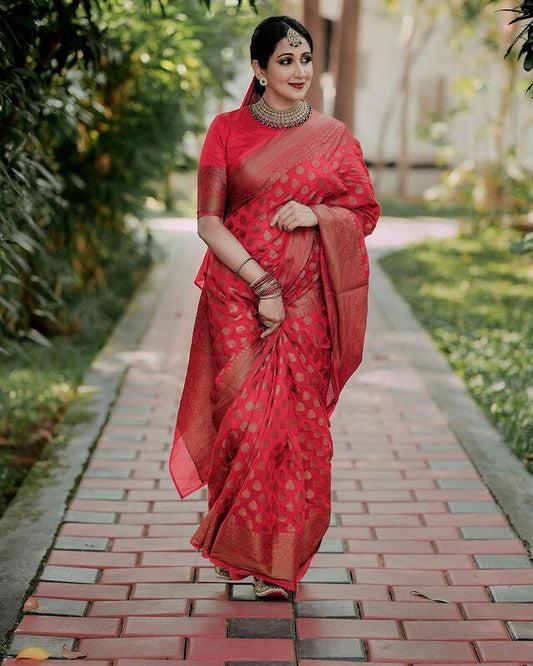 Stunning Red Pure Soft Silk Saree with Complementary Blouse