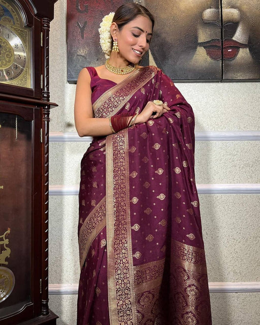 Stunning Wine Pure Soft Silk Saree