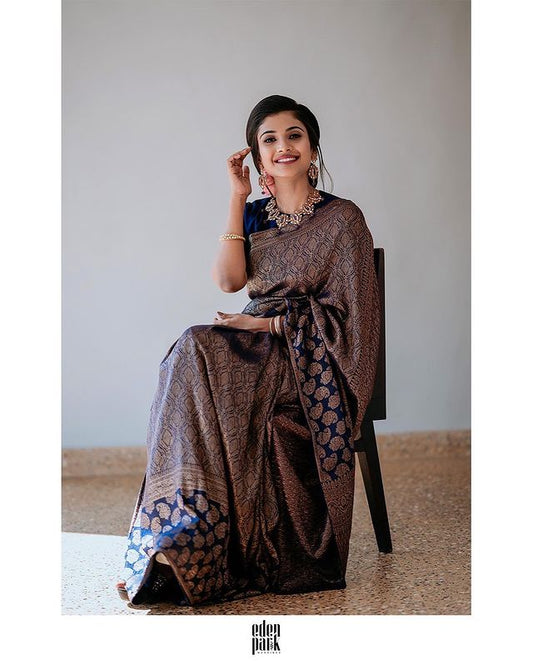 Stylish Navy Blue Soft Silk Saree with Complementary Blouse Piece