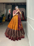 Trendy Mustard Print With Foil Work Tussar Silk Lehenga Choli